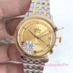 AAA Swiss Replica Omega De Ville Watches Gold Roman Dial Two Tone Stainless Steel Band 